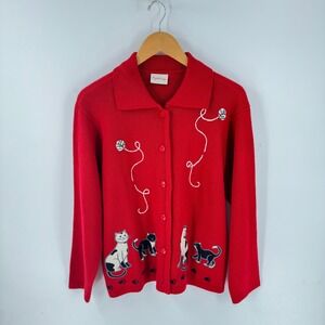 Vintage Crystal Kobe Red Cardigan Cat Yarn Knit Size L Cat Lady Novelty Dopamine